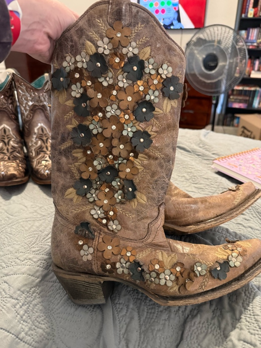 Floral Embellished Women's Tan Leather Heeled Boots